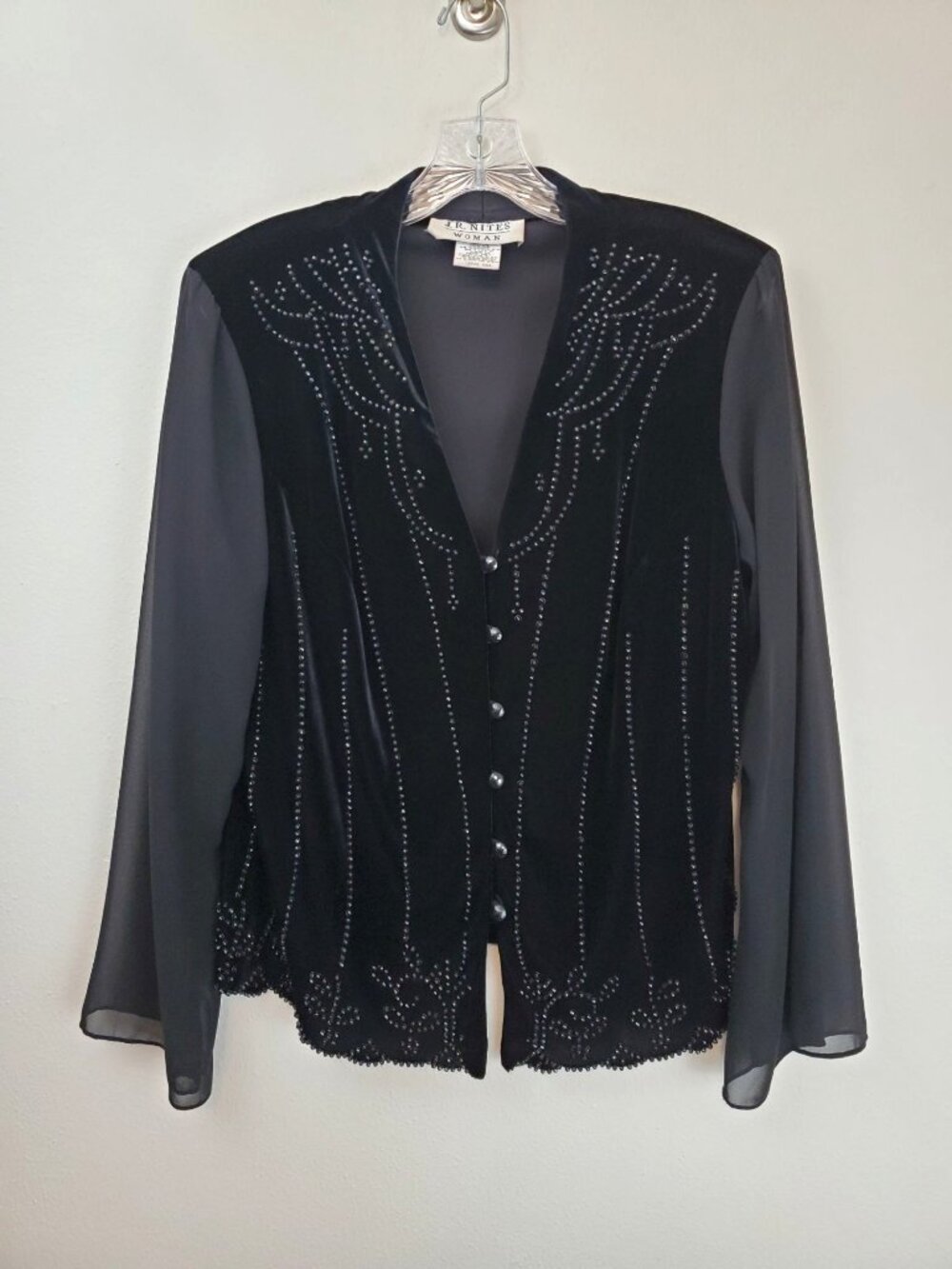 J. R. Nites black velvet button up V-neck blouse